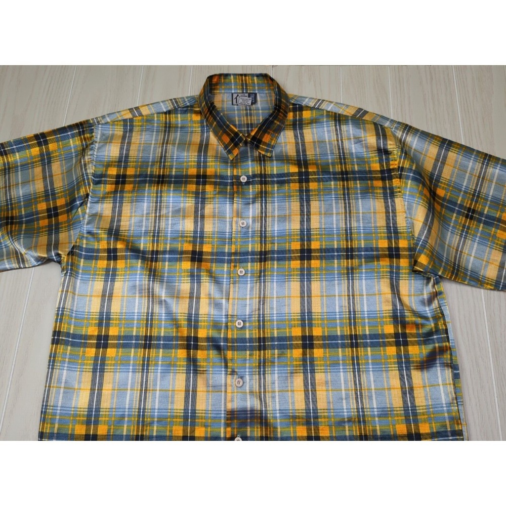 Trust Made Korea vintage men's XL blue yellow plaid Button front Shirt polyester - Picture 1 of 12